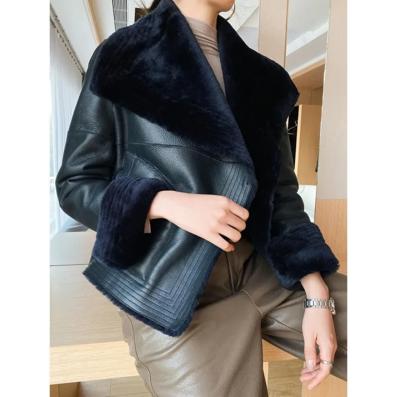 Winter Women Sheepskin Warm Suede Faux Fur Jacket Short Motorcycle Windbreaker Coat Shearling Sheepskin Leather Jackets Outwear