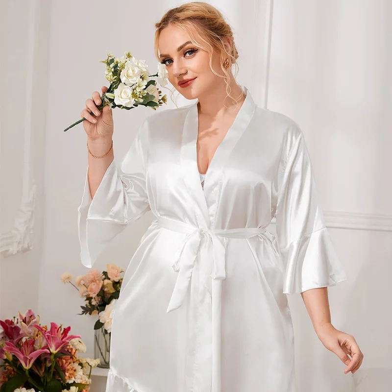 

White Bride Bridesmaid Satin Wedding Bathrobes With Belt Sexy V-Neck Ruffles Sleepwear Lounge Nightgown Loose Kimono Robe Gown