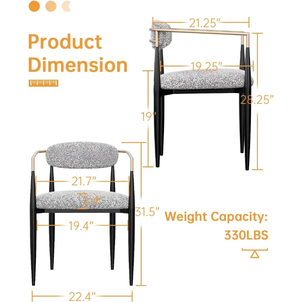 Modern Boucle Dining Chairs with Upholstered Backrest | Grey Arm Chairs Set of 2 for Kitchen, Reception, Living Room Use