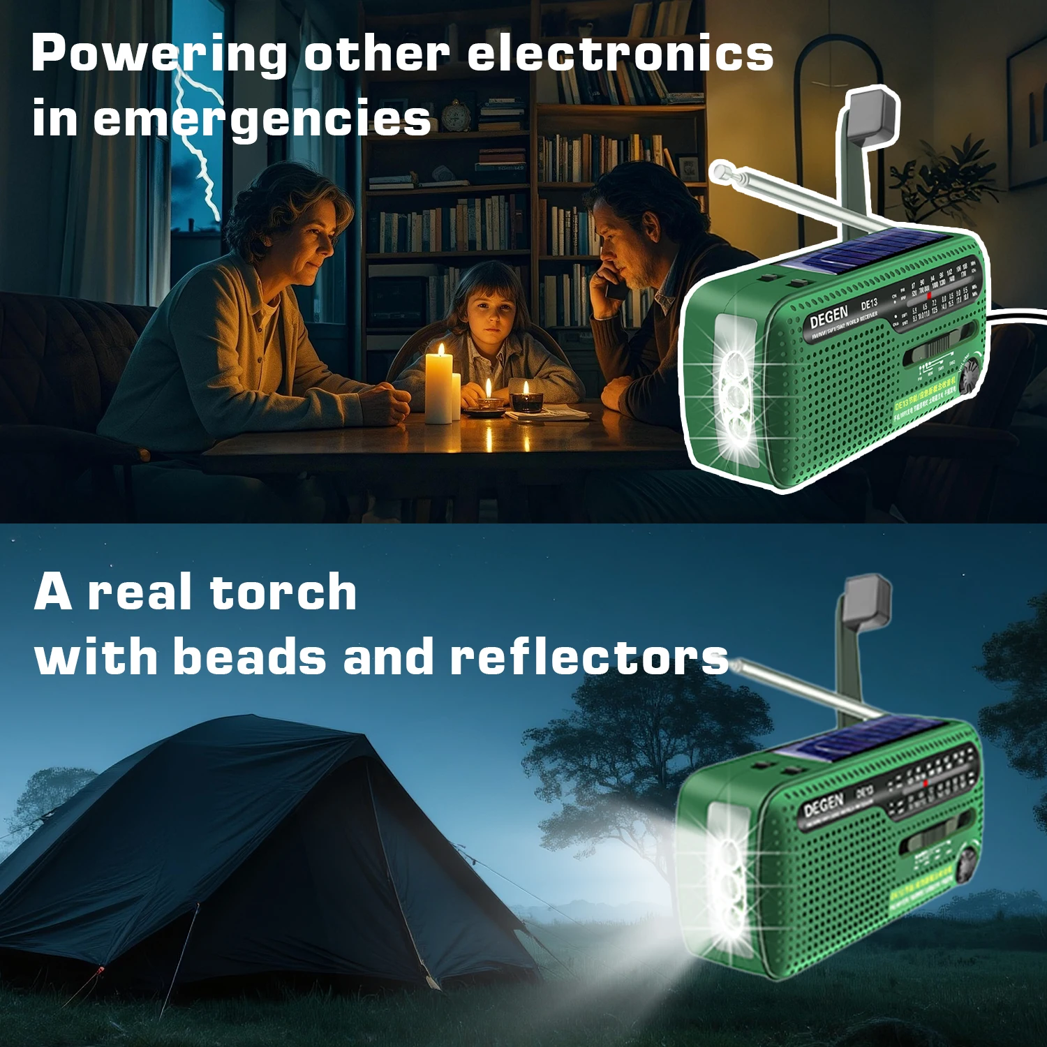 DEGEN DE13 Radio di emergenza portatile meteo FM AM SW ricevitore carica a manovella solare con torcia sveglia Power Bank