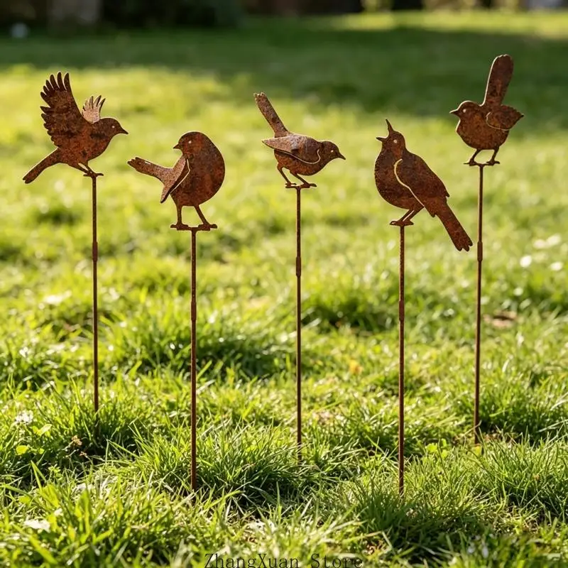 Vogel-Gartenstecker für Blumenkästen, 5er-Set, Topfstecker aus Metall mit abgenutzter Oberfläche und Vogelausschnitten für – Detail 5