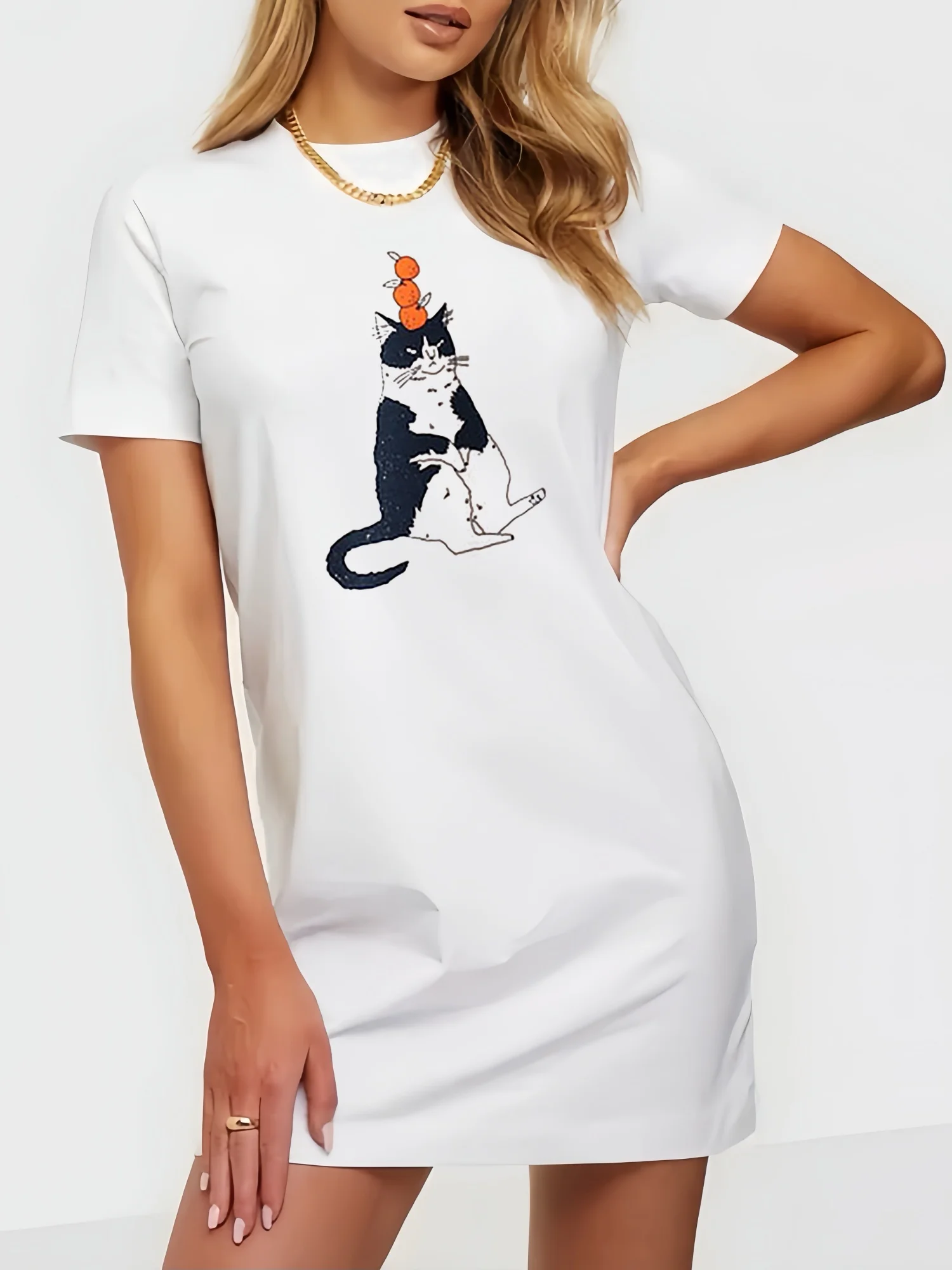 Süße faule Katze Liebe orange Druck T-Shirt Mini kleid Jugend lässig Slim Fit kurze Kleider für Frauen