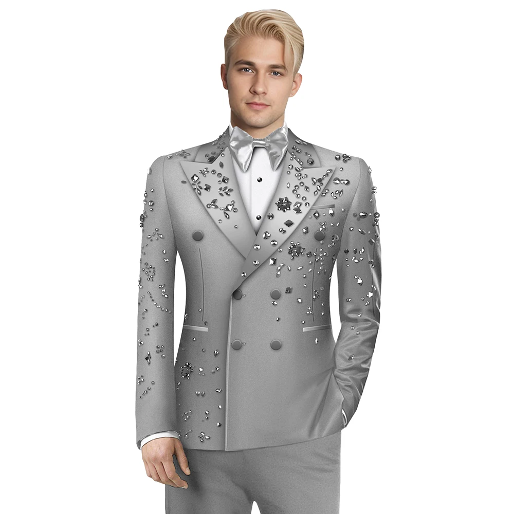 Olibexley Luxury 2 Pieces Suits for Men Beads Decoraction Groom Wedding Blazer Formal Party Prom Suits Blazer+Pants for Party