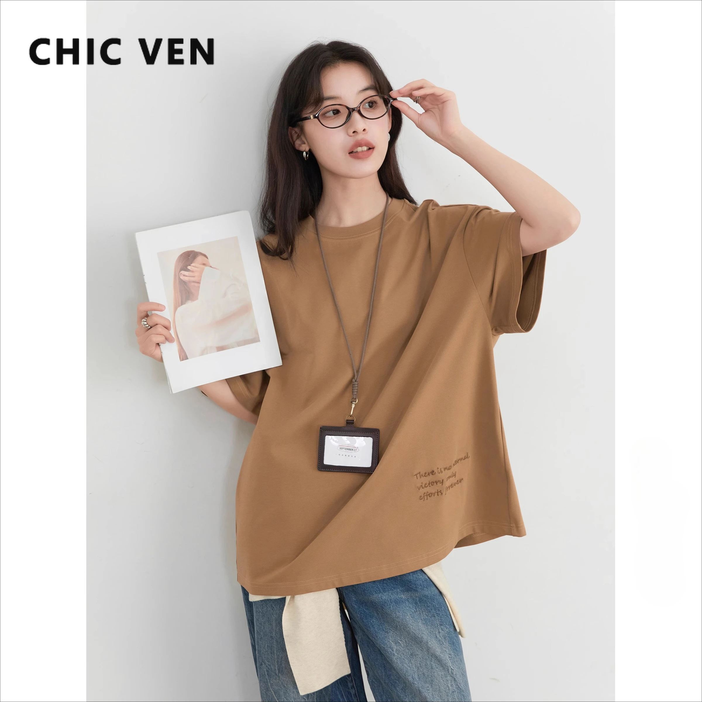 

CHIC VEN Women's T-Shirts O Neck Loose Casual New Embroidered Short Sleeve Sports Tees Female Top for Woman Spring Summer 2025