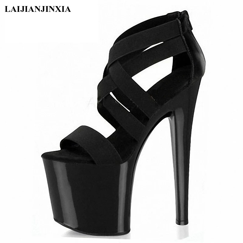 

LAIJIANJINXIA New Flock Sexy Exotic Pole Dancing Shoes Summer Women Sandals 20CM High Heels Buckle Strap Size 34-46 E121