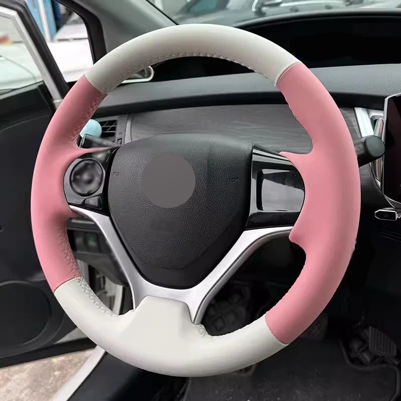 Hand Stitching Steering Wheel Cover White Leather with Pink Leather Car Accessoires for Honda Jade 2013-2020 Civic 9 2012-2015