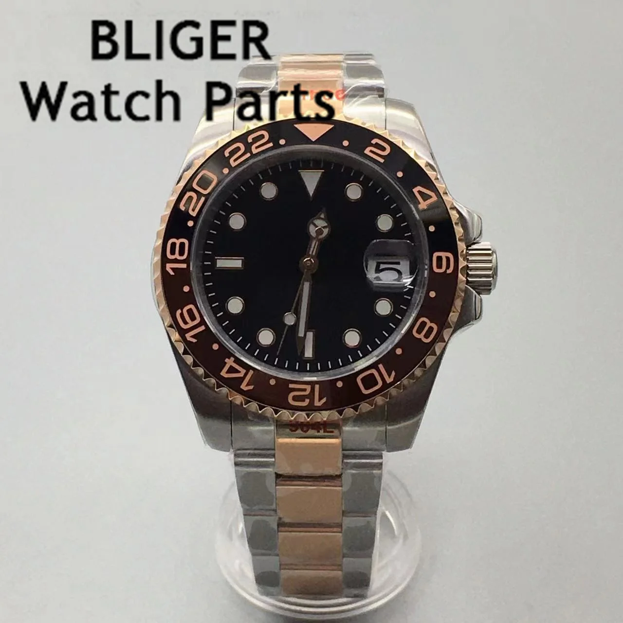 BLIGER 40mm Black Men Watch 24 Jewels NH35 MIYOTA 8215 PT5000 Movement Two Tone Rose Gold Oyster Strap Ceramic