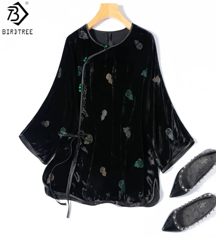

Birdtree 100% Mulberry Silk Embroidery Velvet Blouse,Women Slant Opening Raglan Sleeve Shirt,2025 Autumn Black Tops T59639JF
