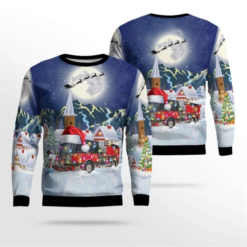 Sudadera para hombre, regalos de Navidad para bomberos, cuello redondo, manga larga, estampado 3D, sudaderas de camión de bomberos, Tops populares para Festival