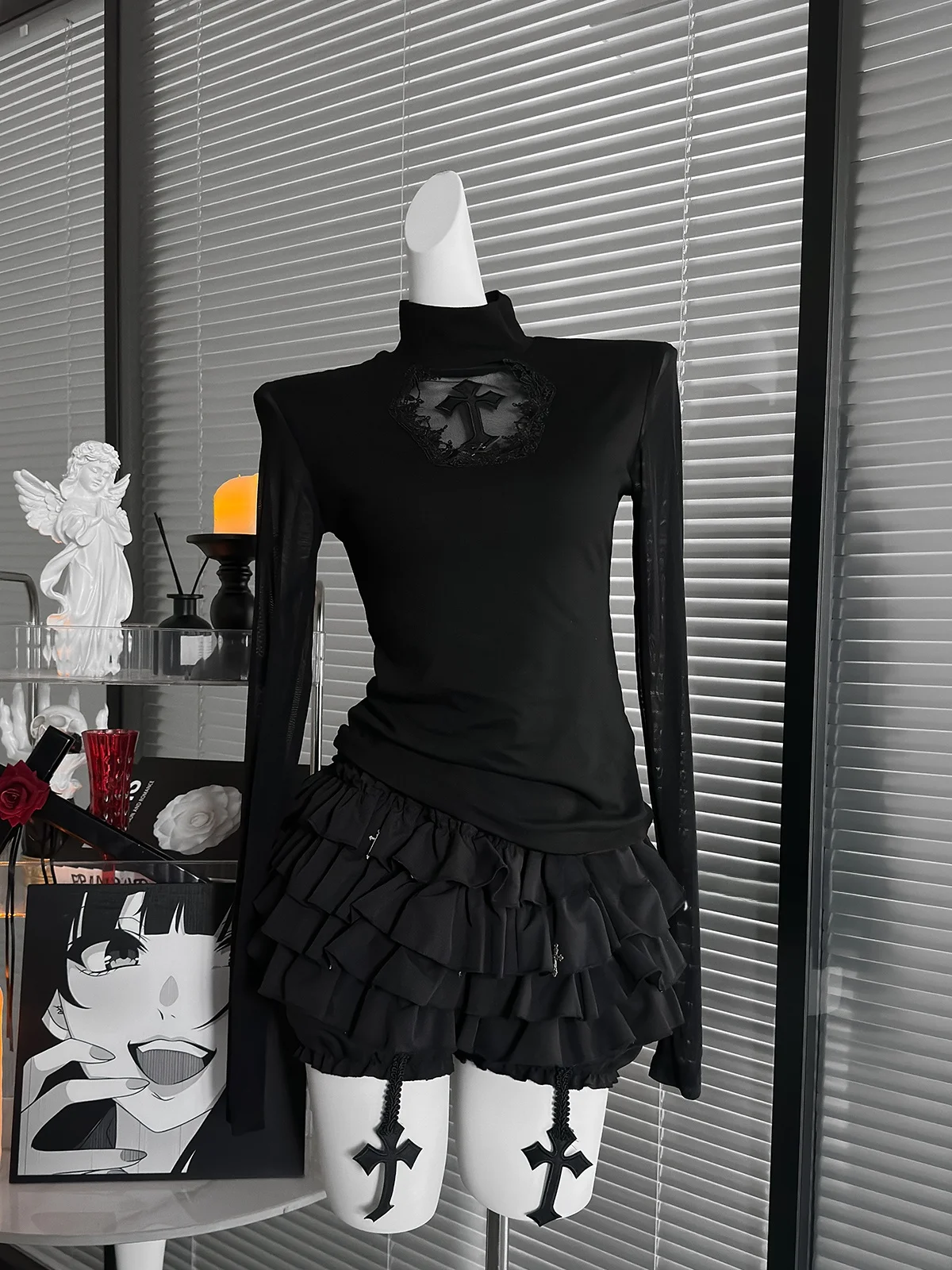 

K Готический высокий воротник, приталенная внутренняя одежда, Хэллоуин, уличный Sle, модный наряд для девочек, комплект из двух предметов, универсальный, всесезонный