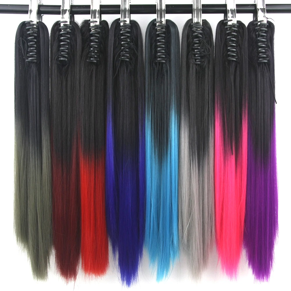 Soowee Long Straight Black to Grey Hairpiece Clip In Hair Extension Synthetic Hair Claw Ponytails Purple Pony Tail for Women