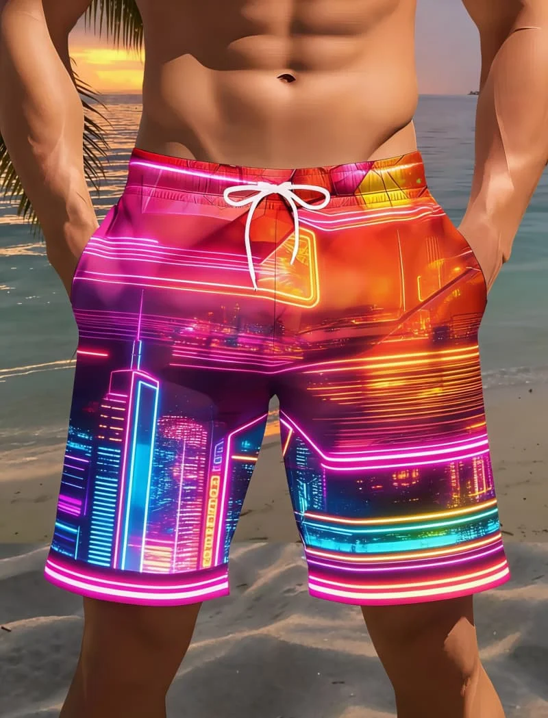 

Men's Unique Shiny Print Beach Shorts - Holographic Neon Crystal Print Casual Shorts For Everyday Summer Wear