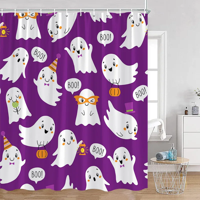 Cute Ghost Shower Curtains White Cartoon Spectre Halloween Bath Curtain Set Black Kids Home Bathroom Decor Polyester with Hooks