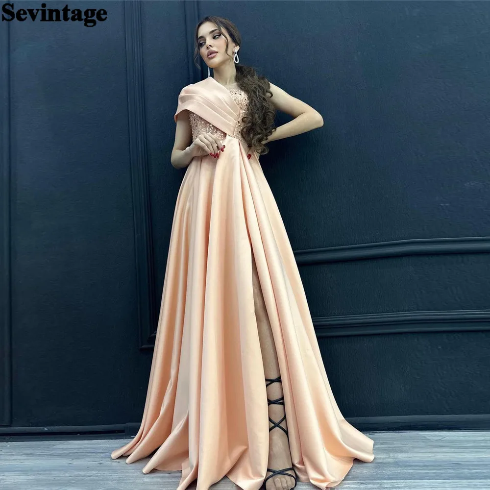 

Sevintage Saudi Arabic Evening Dresses One Shoulder Sequined Women Party Gowns High Side Slit Formal Prom Dress Special Outfits