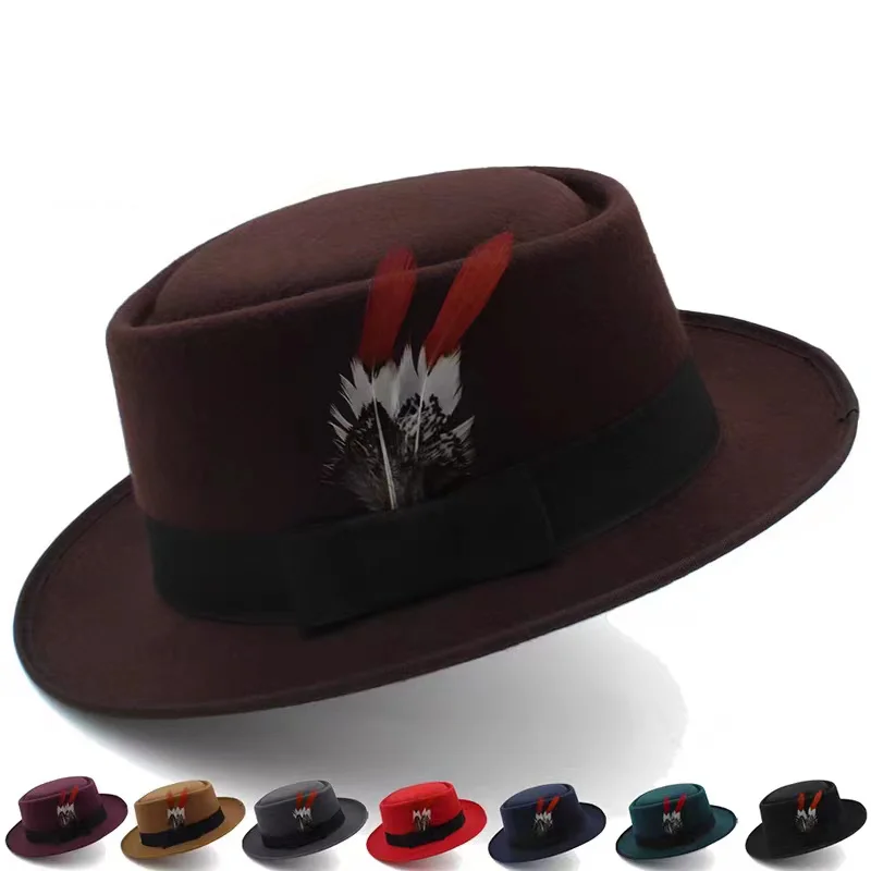 feather porkpie hats for men solid black fedora hats gentleman fashion sombrero hombre chapeu masculino show vintage Business