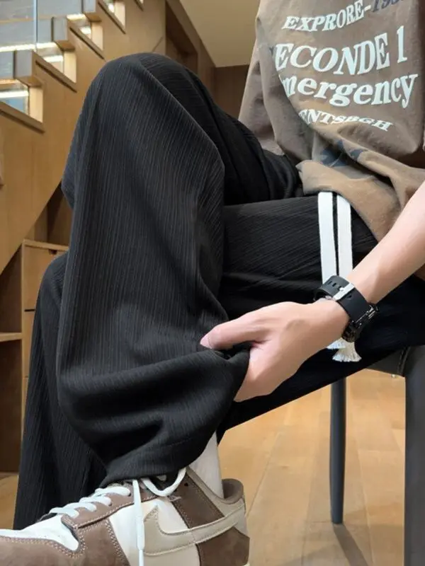 2025 New Summer Thin Ice Silk Men's Casual Quick-drying Trousers Loose Straight-drum Pants