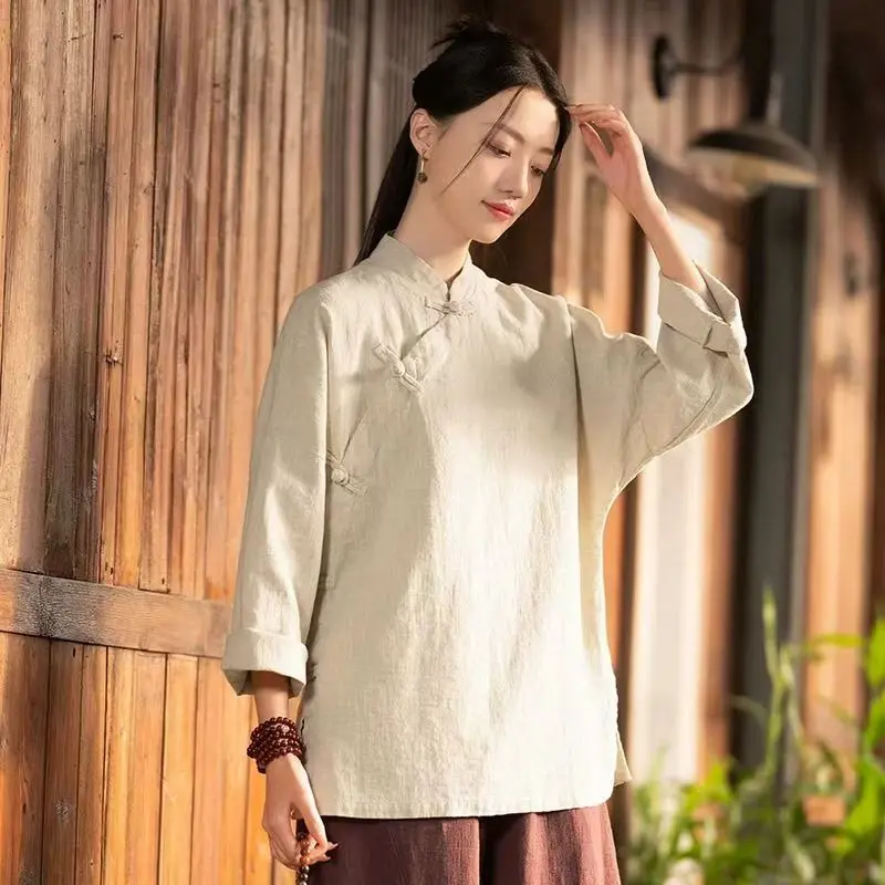 جديد الصينية Sle فضفاضة تناسب القطن الكتان irt المرأة كبيرة الحجم طويلة Sve الوقوف طوق ZenInspired رداء علوي غير رسمي