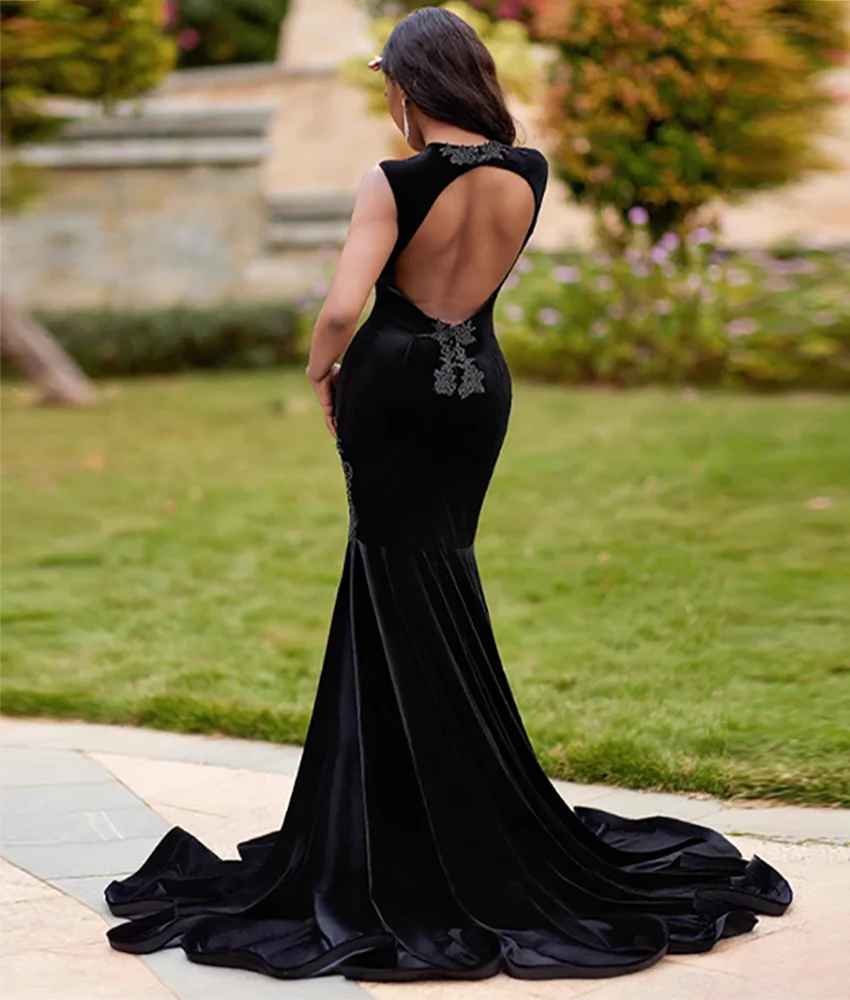 カスタマイズされた繊細なベルベットマーメイドアップリケイブニングドレス気質ノースリーブクルーネック背中の開いたオープンバックセレブドレス