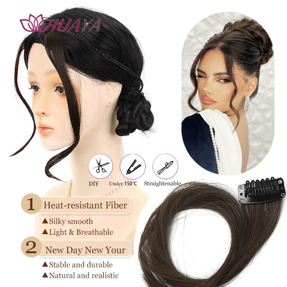 2 PCS Synthetic Long Side Air Bangs Wavy Curly Clip in Fringe Bangs Wig Front Side Bangs For Women Hairpiece Hair Extensions Fak