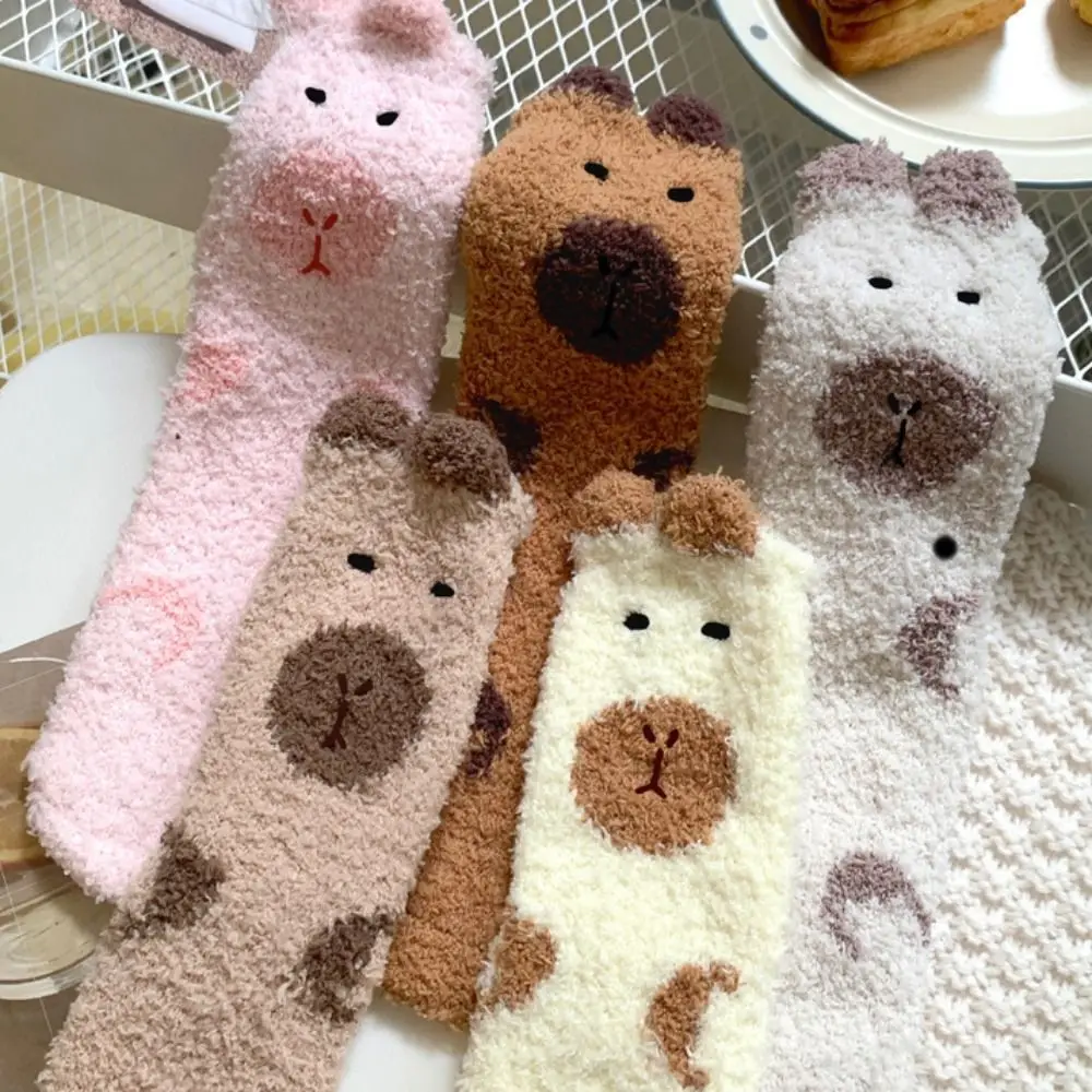 

5Pairs Fashion Plush Capybara Fleece Socks Warm Thicken Sleeping Socks Women Kawaii Hosiery Coral Fleece Socks Fall Winter