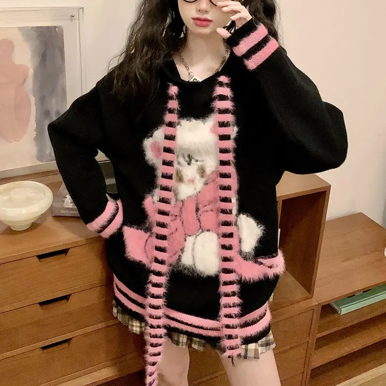 Gagarich Dopamine Fashion Autumn Winter Hooded Sweaters Cute Women Striped Color Blocked Rabbit Ear Harajuku Pullover Trendy