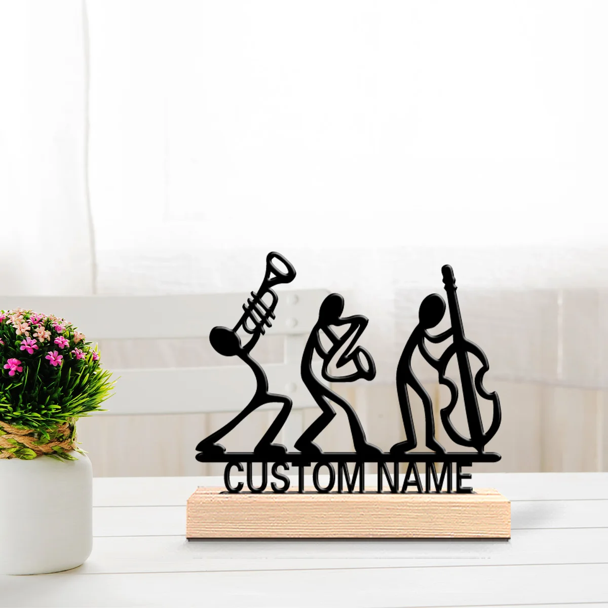 1pc Fashion Custom Letter Musical instrument Metal Statue Iron Ornament Figurine With Wood Base Metal Statue For Home Desk Decor