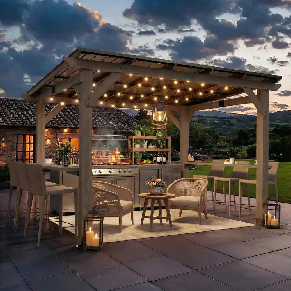 

Grill Gazebo 8 x 10 FT, Cedar Wood BBQ Gazebo with 2 Thick Wooden Side Serving Shelves, Permanent Patio Pavilion, Customized