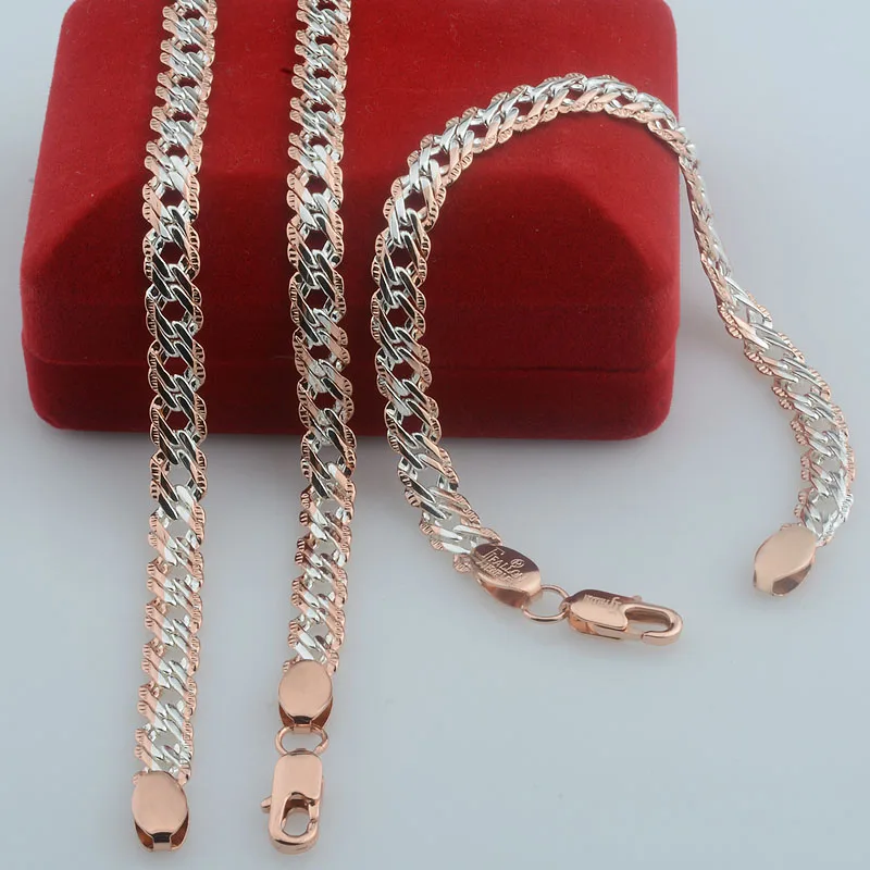 FJ 2 Style New Hot Women Mens Carving Smooth Necklace Bracelet 585 Rose Color Gold Link Chains Set Jewelry