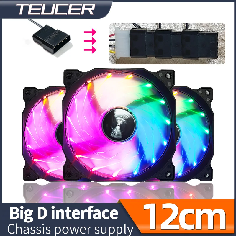 Teucer 120mm PC Case Low Noise Quiet Colorful Cooling Fan 12V Big 4Pin Chassis Power Supply With Shock-absorbing Silicone Pad