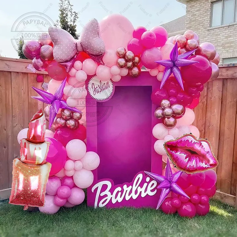 186pcs Barbi Princess Theme Rose Red Lips Bow Foil Balloons Arch Garland Kit Girls Wedding Valentines Birthday Party Decors