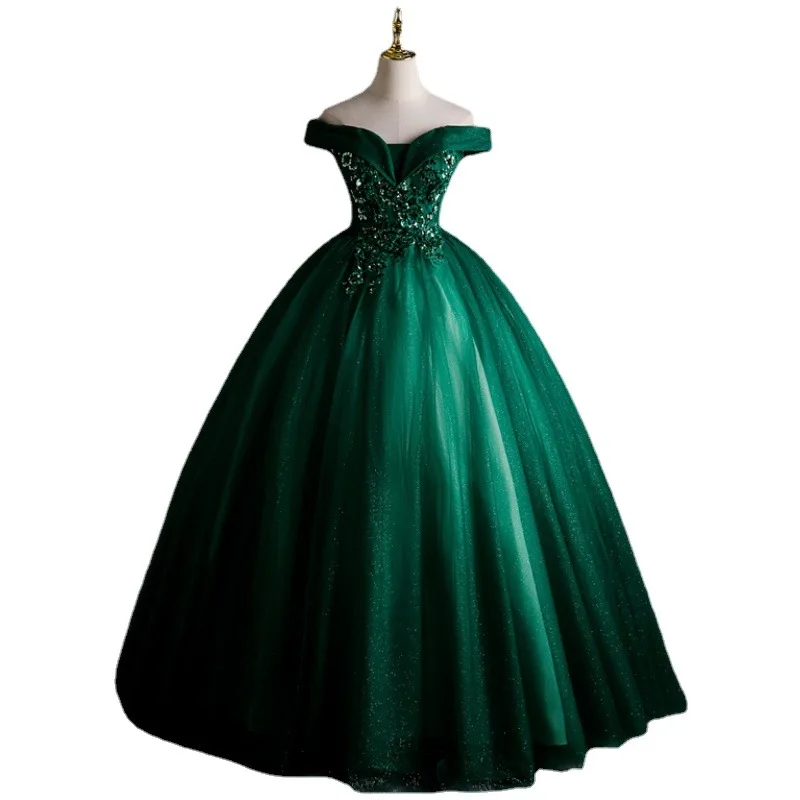 Cheap Dark Green Off-Shoulder Ball Gown Quinceanera Dresses For 15th Party Lace Glitter Tulle Formal Masquerade Birthday Gowns