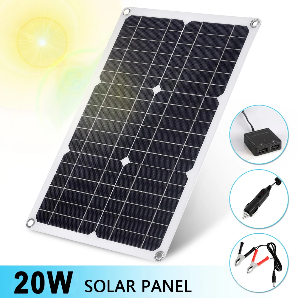 20W Monocrystalline Solar Panel Cell with 2 USB Port 12V Outdoor Protable Moblie Phone Charger Balcony Landscape Solar Energy System