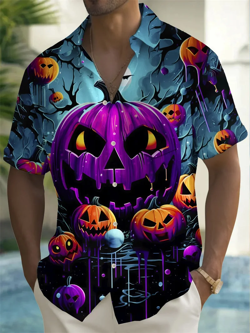

2024 shirt Christmas style pumpkin head fashion Hawaiian shirt short sleeved men's shirt daily social high-end printed shirt
