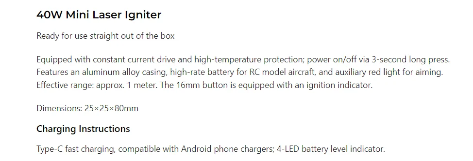 

Laser equipment, handheld, portable, power range 40W to 260W, range 1 to 50 meters, for outdoor emergency ignition lighting