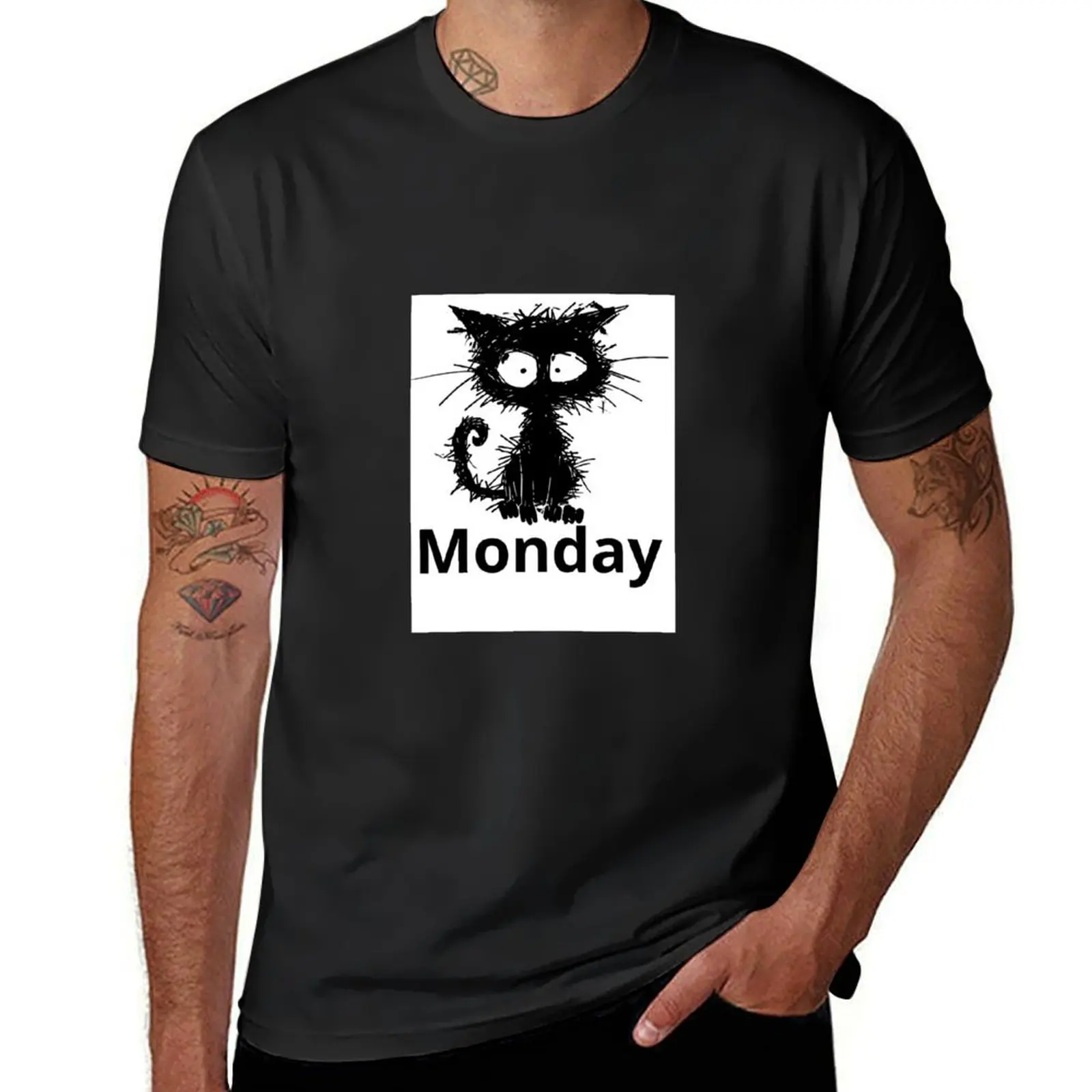 

crazy anime cat, manga kitten, black and white, black cat, Monday T-Shirt for a boy Short sleeve tee clothes for men