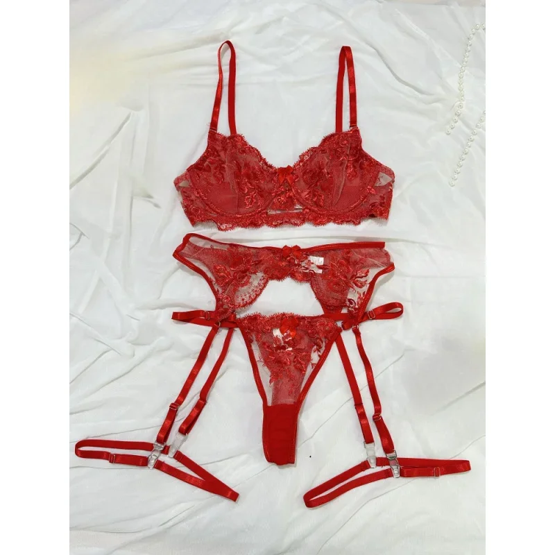 Sexy bikini with mesh, elaborate floral embroidery, and sheer two-piece swimsuit set