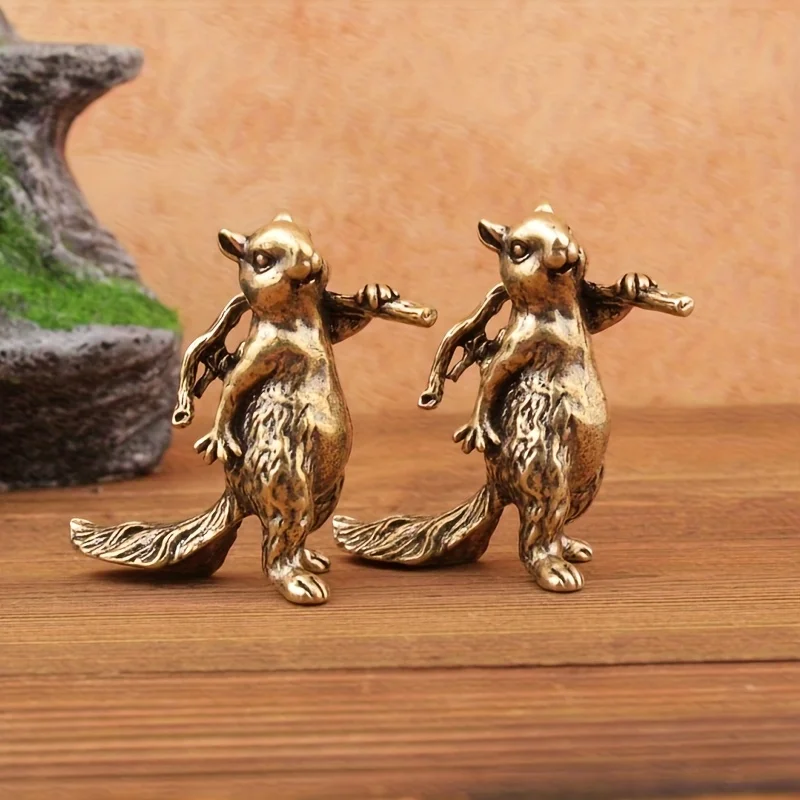 Brass Squirrel Holding Pine Cone Mini Figurine, Cartoon Small Decor Ornament for Home  Office, 1 Piece