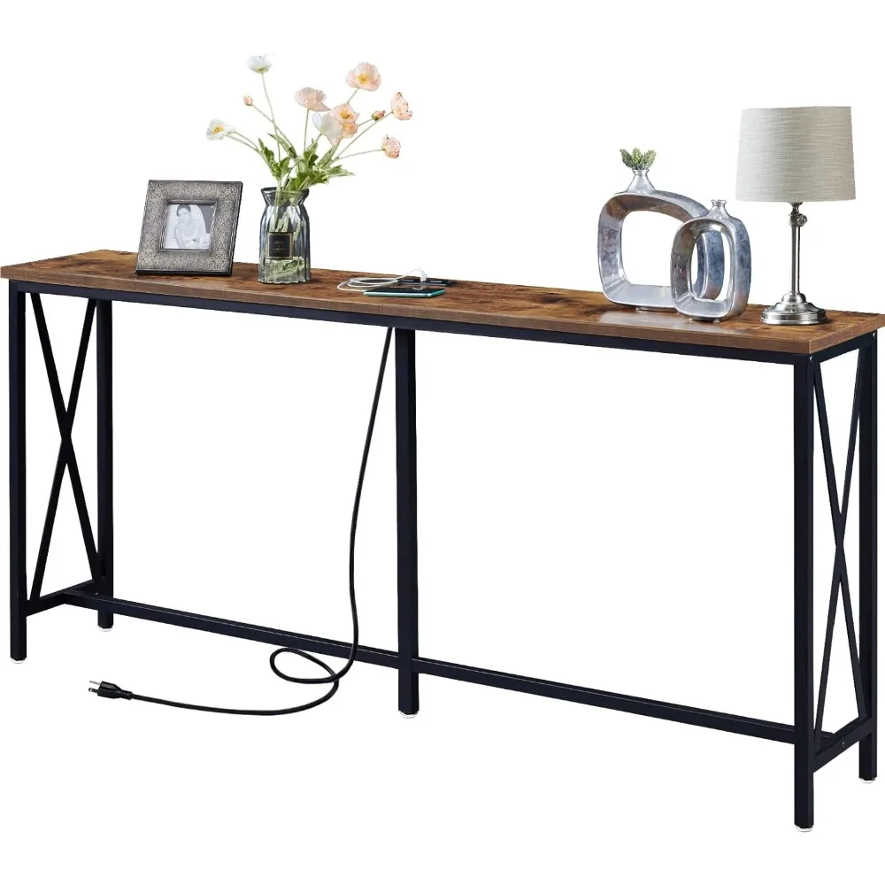 Mesa de console de 70 polegadas com tomada, mesa de entrada extra longa com estrutura de metal e design em forma de X, mesa de sofá estreita.