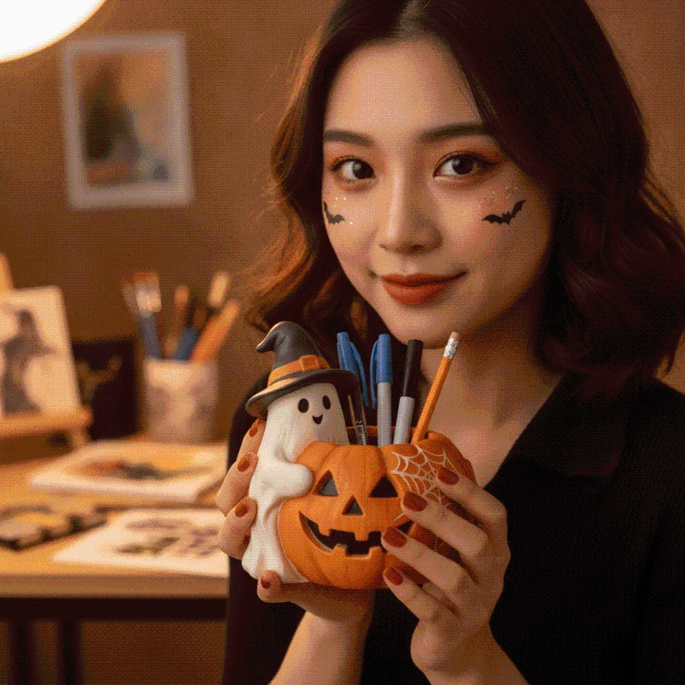 Orange Ghost Pumpkin Pen Holder Compact Molded Resin Desktop Organizer Waterproof Sturdy Spooky Pencil Cup Office
