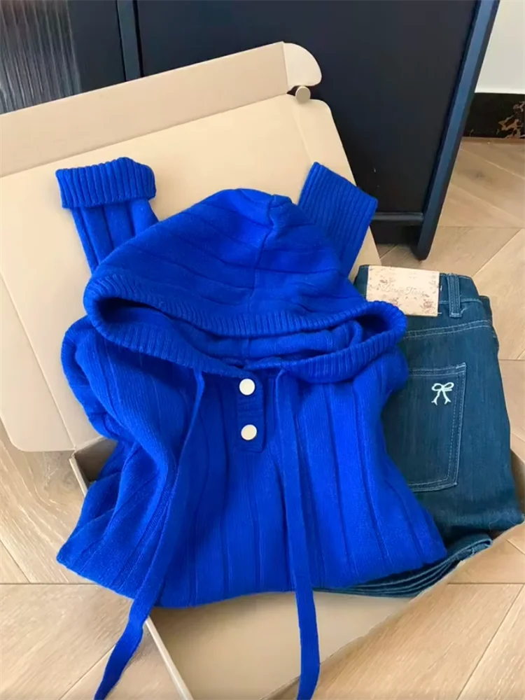 

Klein Blue Women's Knitted Sweater Autumn Winter Loose Fit Casual Style Long Sleeve Hooded Twist Yarn Soft Outerwear Coat