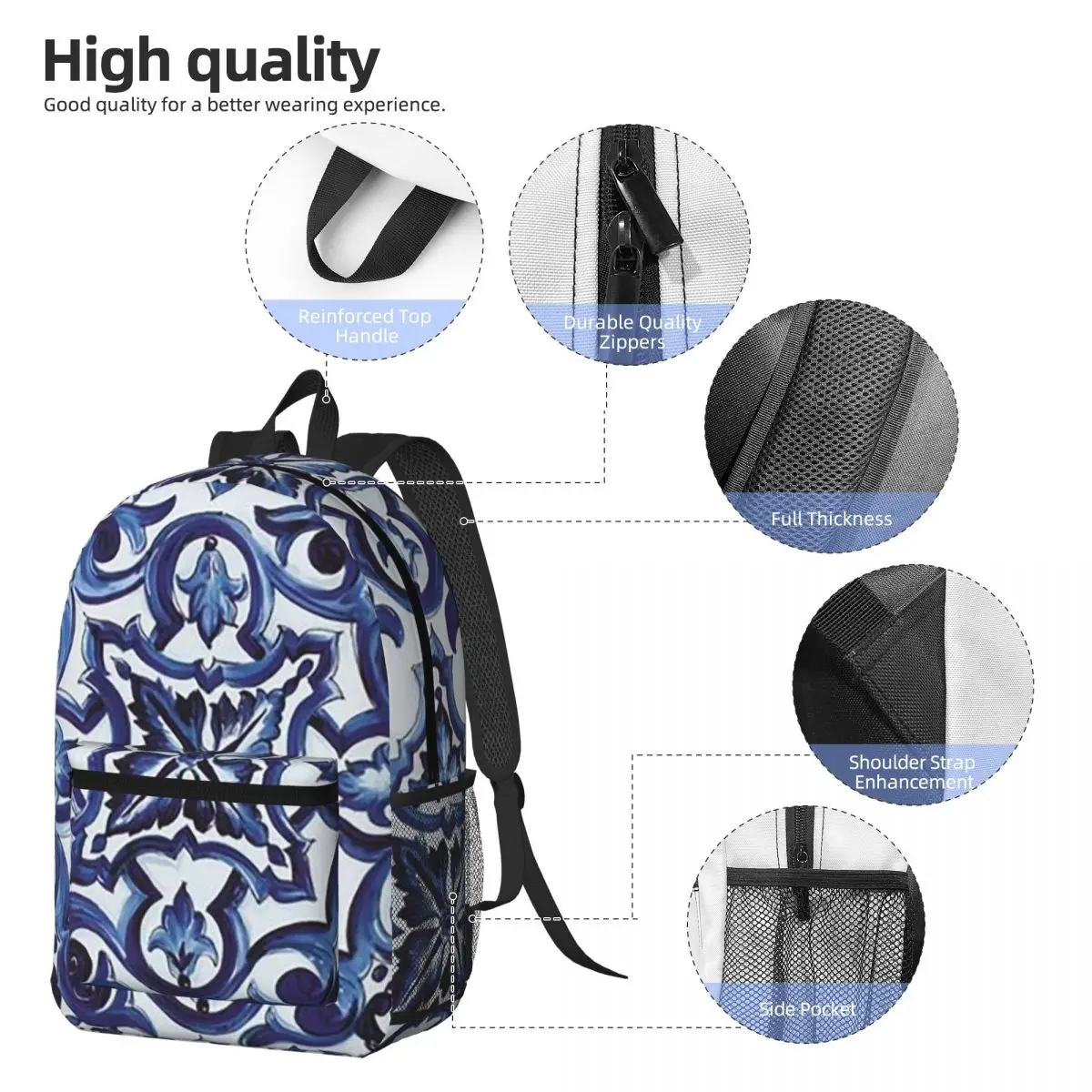 Blue Ornate Floral Mediterranean Sicilian Tile Backpack Boys Girls BookBag School Bag Laptop Shoulder Bags for Men Women