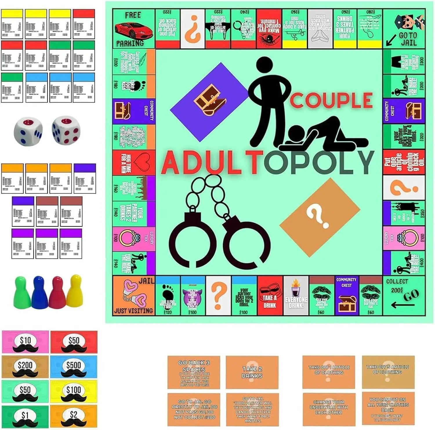 لعبة لوح Adultopoly، لعبة لوح الكبار المشاغب، دعائم ألعاب لوحة الورق للزوجين البالغين، محادثة لعلاقة الزوجين الليلية