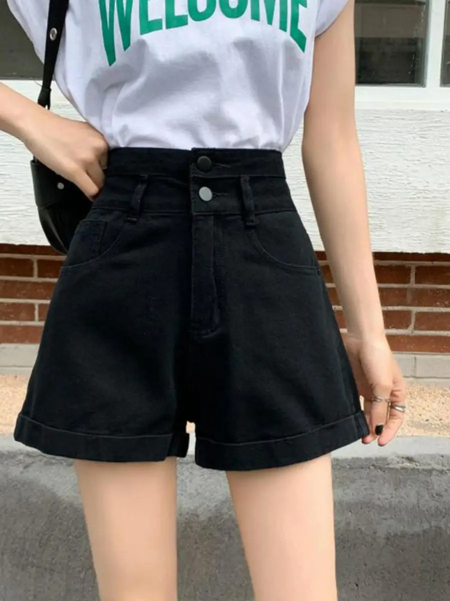 High Waist Two Button Denim Shorts Women's Summer  Slimming Korean Version Wide Leg Cuffed A-Line Trendy Hot Pants