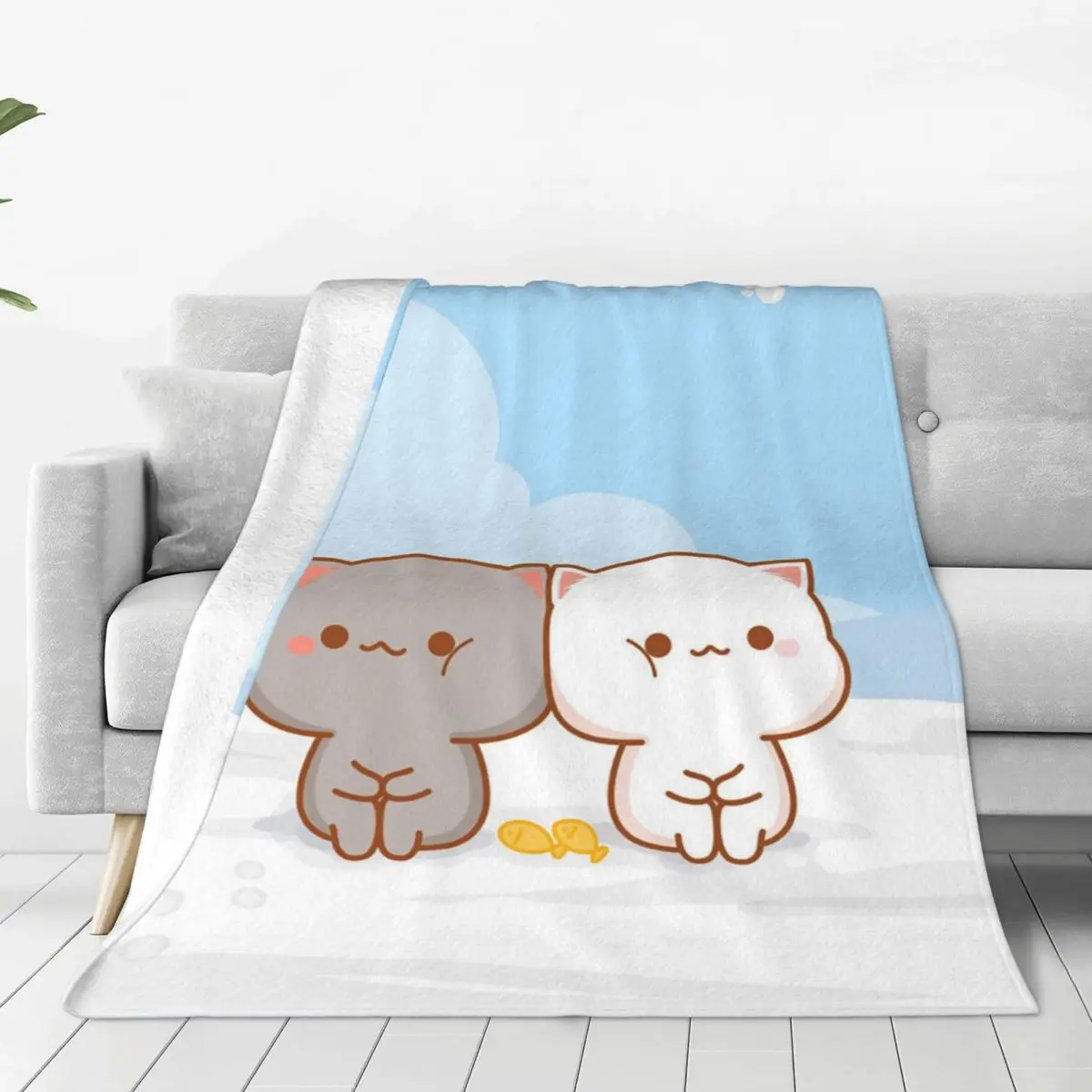 Cute Cartoon Cat Blanket Cover Flannel Peach and Goma Mochi Lightweight Thin Throw Blanket for Home Couch Bed Rug