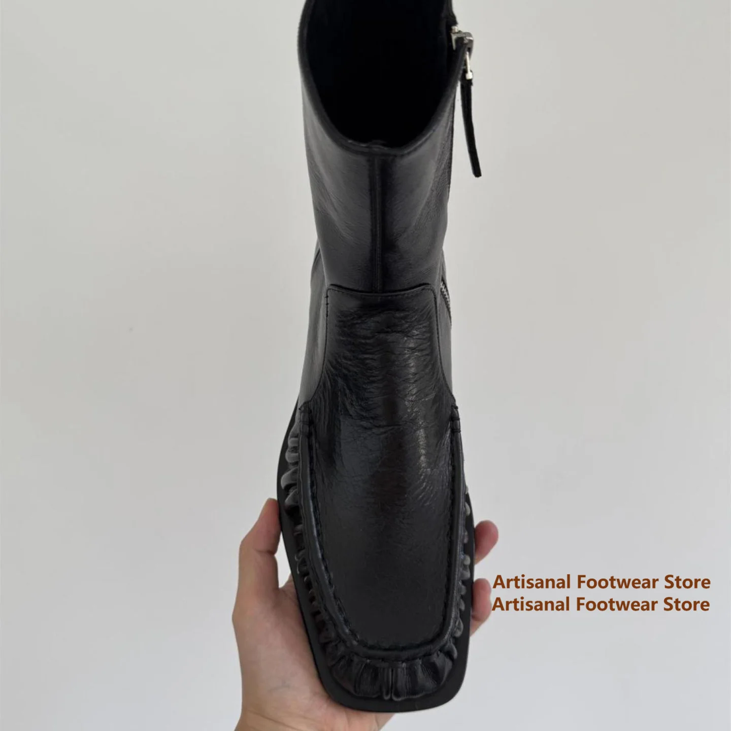 Square Toe Ruched Leather Ankle Boots black Leather Back Zipper Soft Wrinkle Leather Boots ﻿Trendy Luxury Handmade Men's Boots