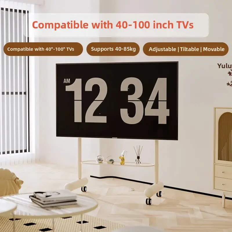 Modern metallic cheese-colored TV mobile wheeled floor cart