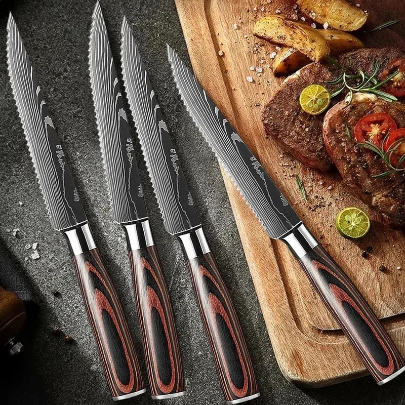 Steak Knife Stainless Steel Kitchen Serrated Knife Beef Fruit Cutting Bread Knife Chef Cooking Tools