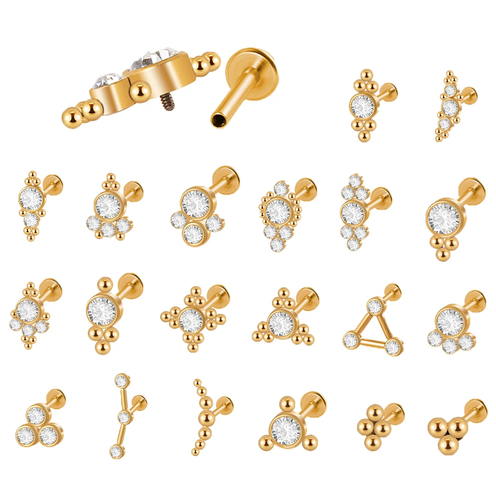 1pc 316L Surgical Steel Gold Plated Cluster CZ Labret Lip Ring Ear Stud Tragus Cartilage Helix Conch Lobe Piercing Body Jewelry