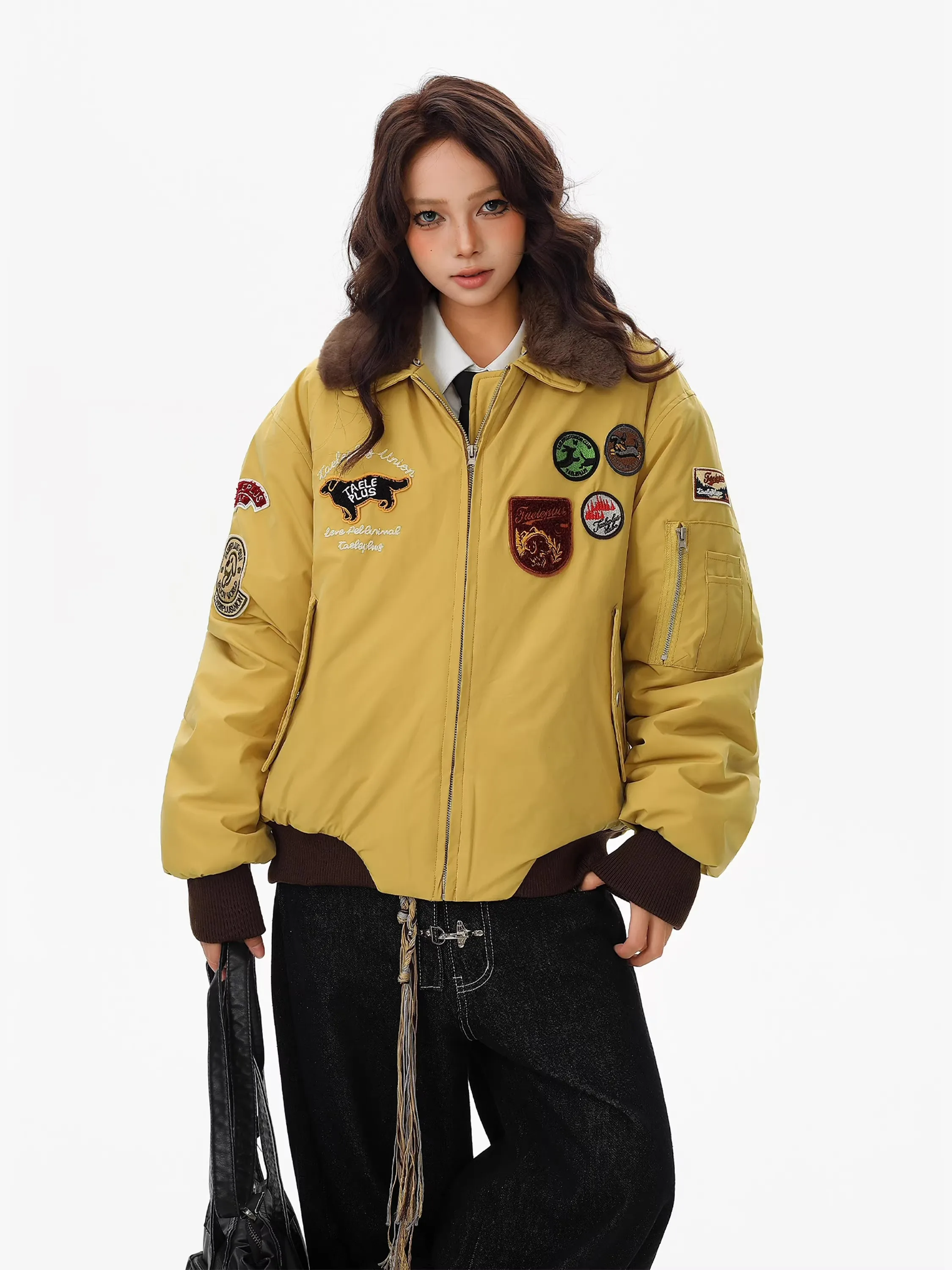 

Thiened Cotton Flight Jaet with Embroidered Bae Warm Collar ex Winter Outerwear Youth Faion Casual Warmth