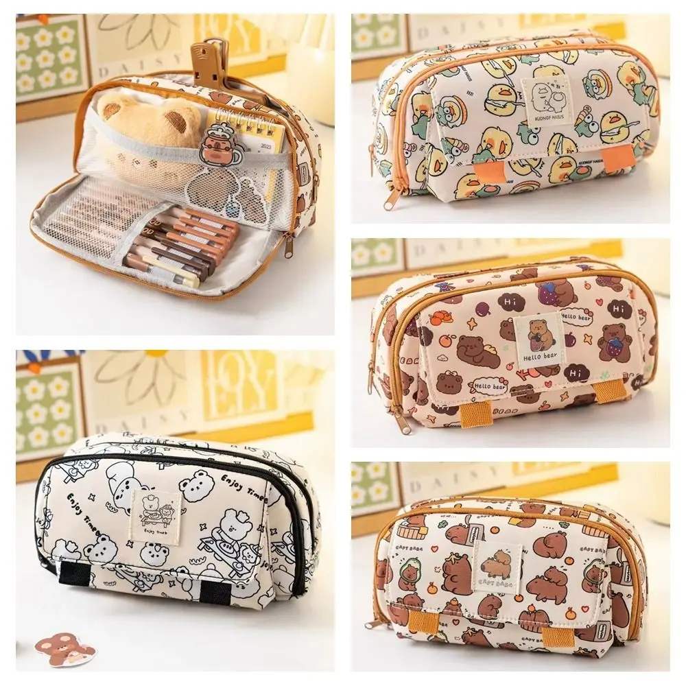 Storage Bag Kawaii Capybara Pencil Bag Cute Multi-layer Pencil Case Aesthetic Zipper Stationery Bag School